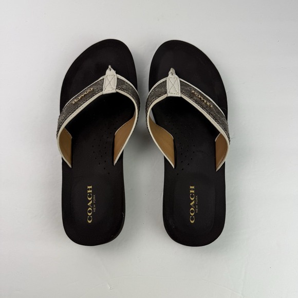 Womens COACH Brown Tan Wedge Heel Slip On Thong Flip Flop Jolene Sandals 7.5B - Picture 5 of 10